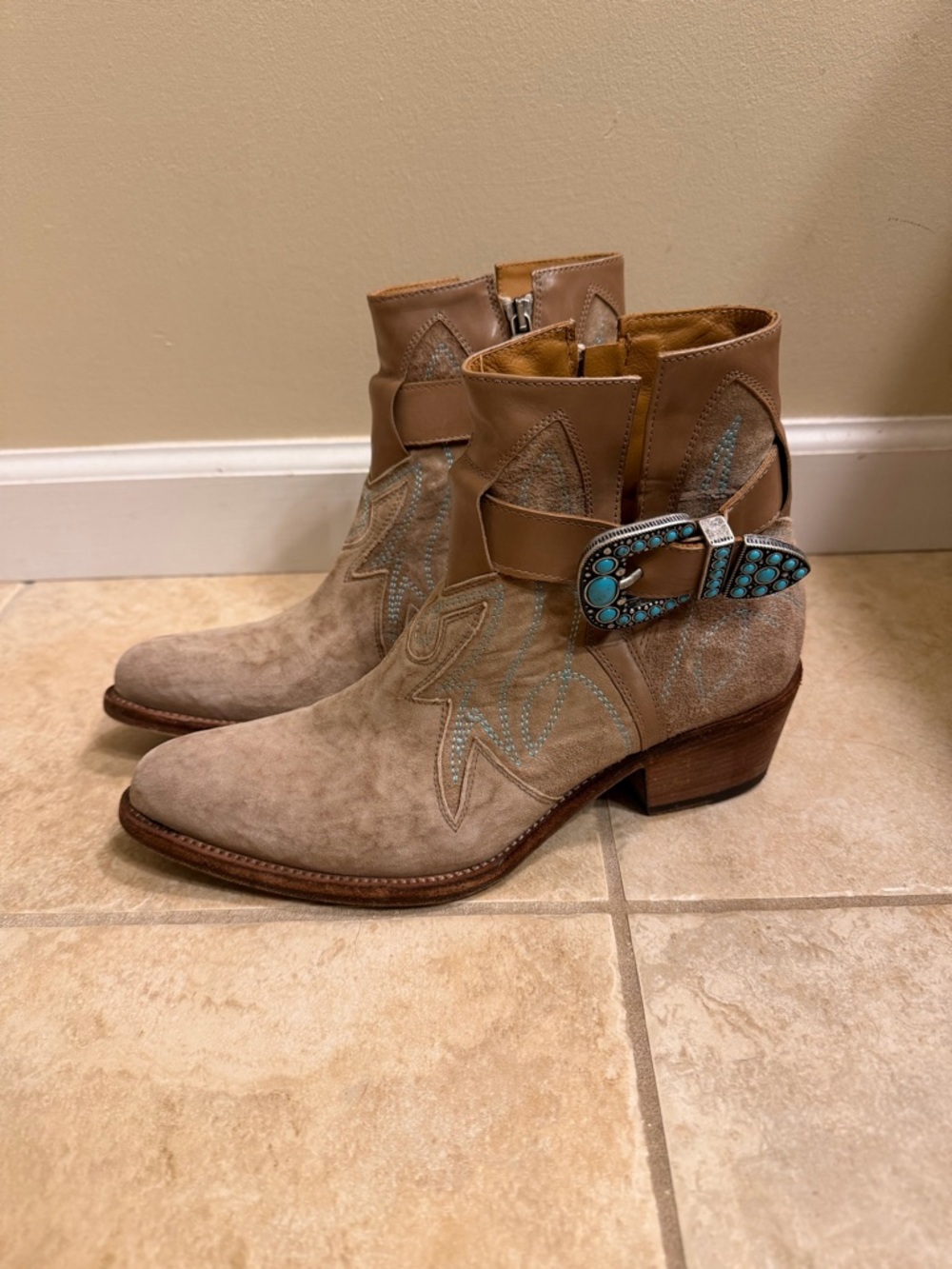 Jo Ghost suede ankle buckle boots with turquoise stones and embroidery
